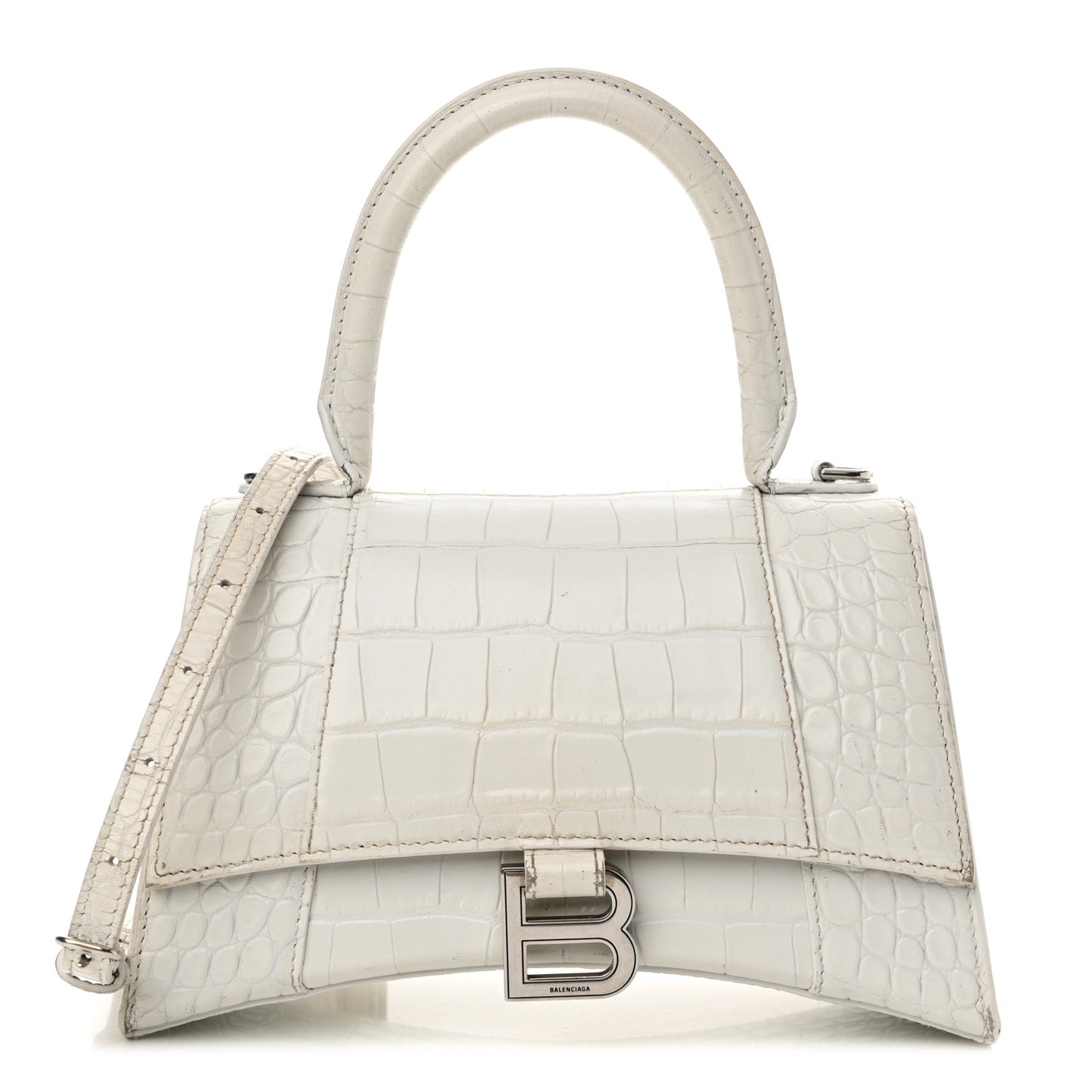 Calfskin Crocodile Embossed Small Hourglass Top Handle Bag White