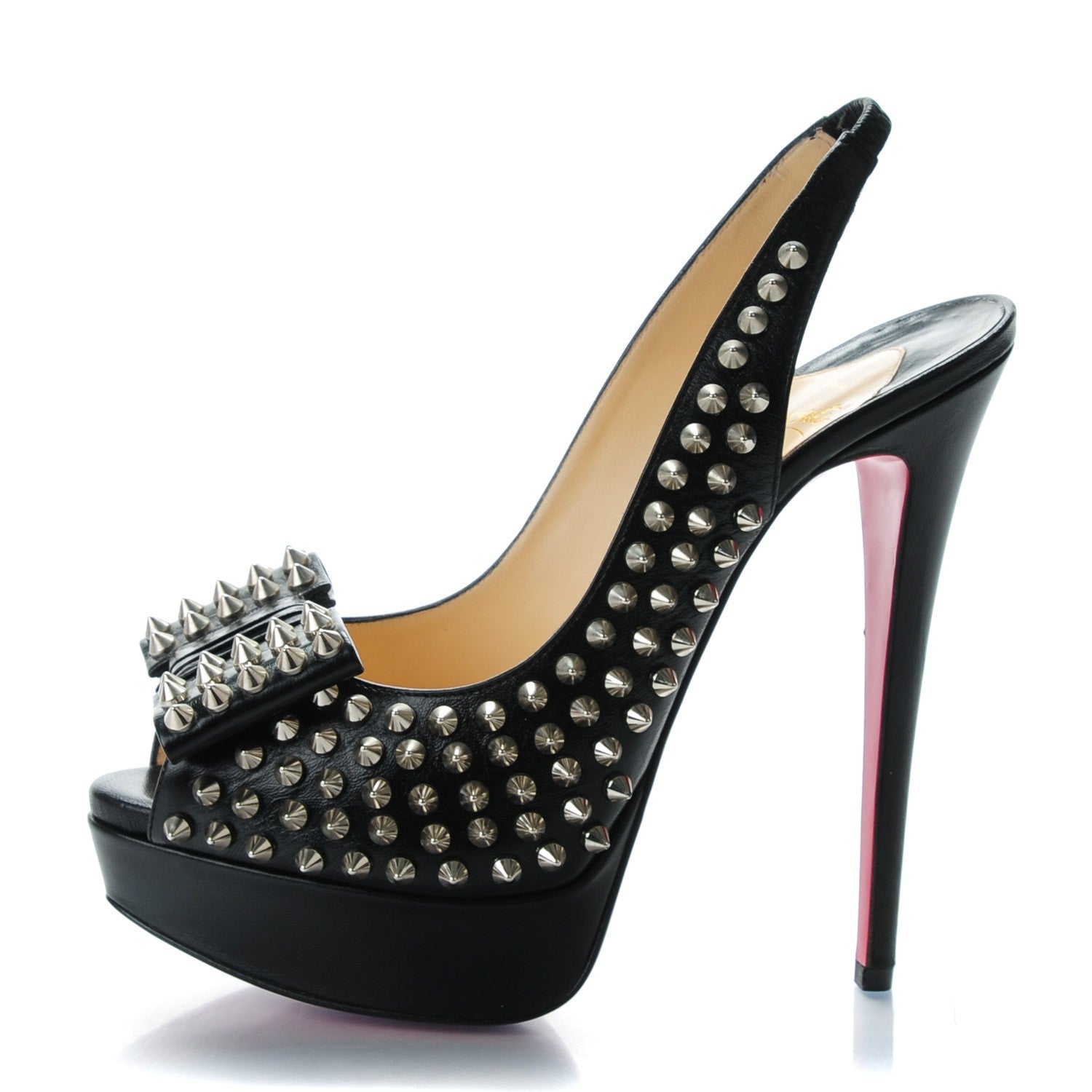 Christian Louboutin Clou Noeud Spikes 150 Platform Slingback Peep Toe Pumps 38.5 Black 1 of 7