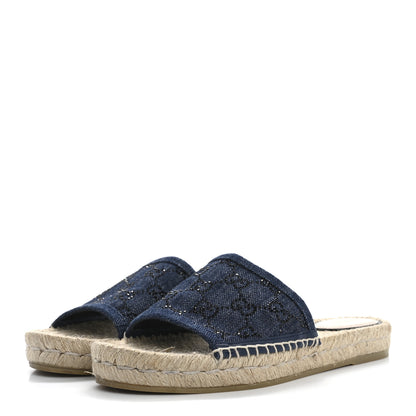 Gucci Denim Crystals GG Monogram Espadrille 20mm Slide Sandals 37.5 Denim 4 of 9