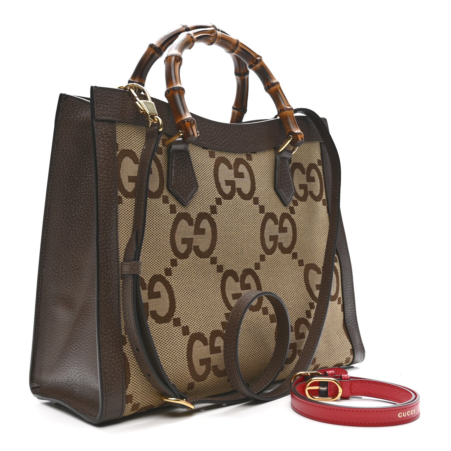 Gucci Monogram Jumbo GG Textured Dollar Calfskin  Medium Diana Tote Bag Camel Ebony New Acero Pomegranate Red 3 of 13