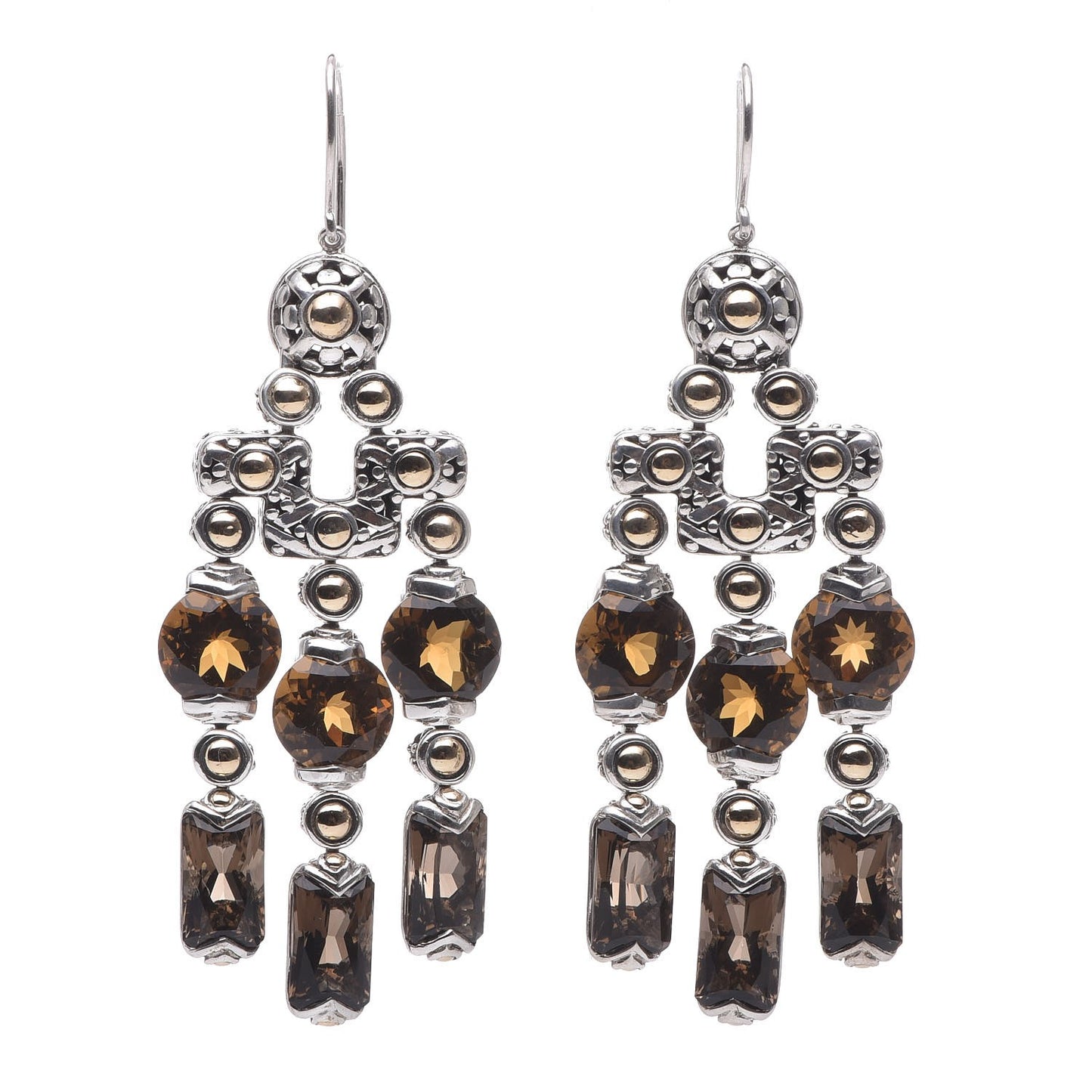 Sterling Silver 18K Yellow Gold Citrine Smoky Quartz Chandelier Earrings