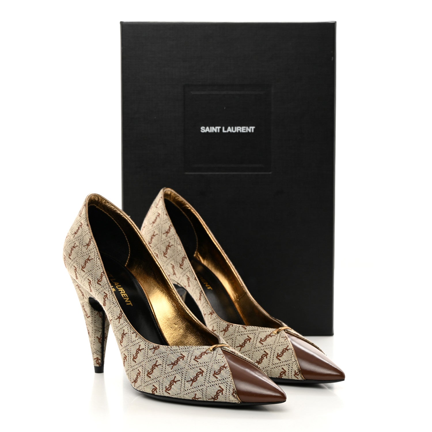 Saint Laurent Silk Blend Monogram Lola Cap Toe Pumps 37.5 Beige 9 of 9