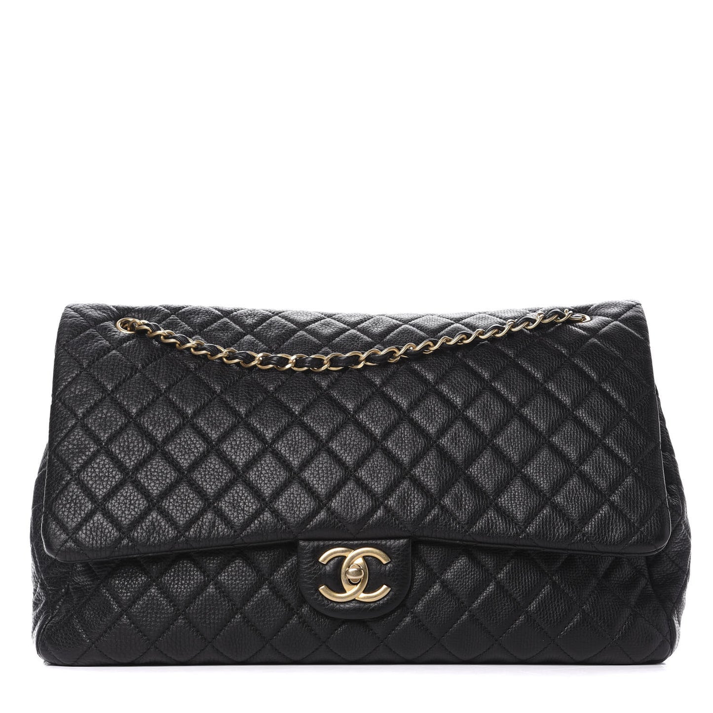 Calfskin Quilted XXL Travel Flap Bag Black