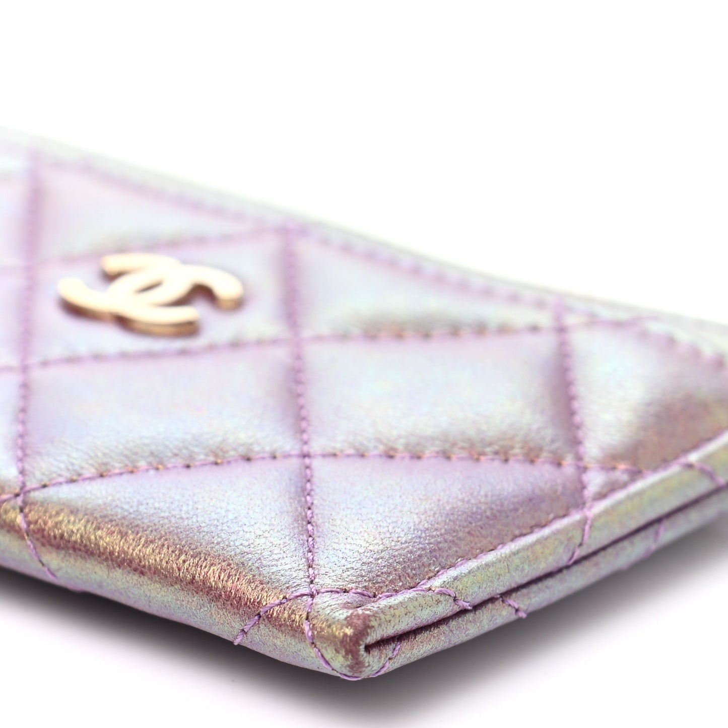 Iridescent Lambskin Quilted Card Holder Purple
