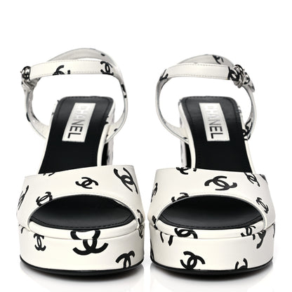 Chanel Printed Lambskin Coco Beach Platform Sandals 39 White Black 2 of 10
