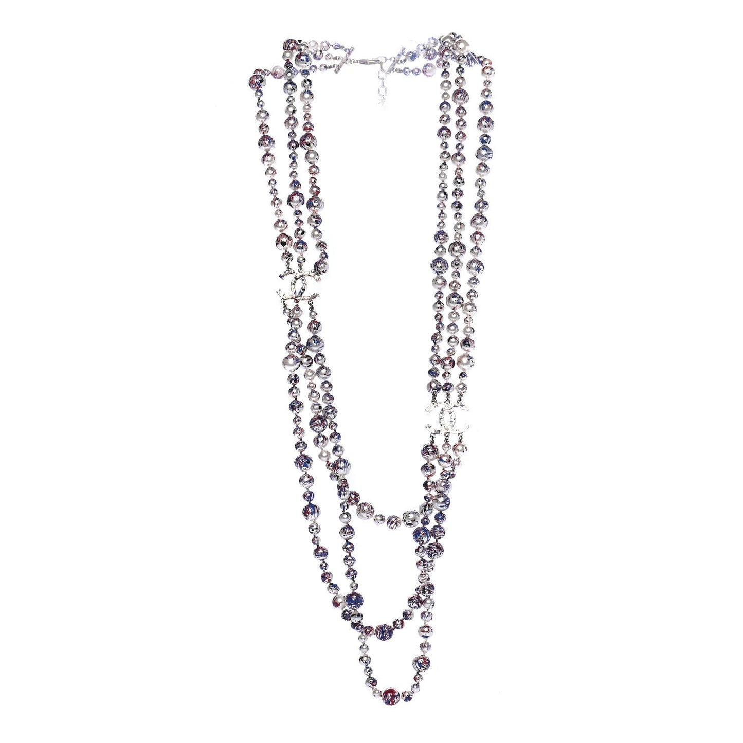 Painted Pearl CC Long Multi Strand Necklace Gold Black Red Blue