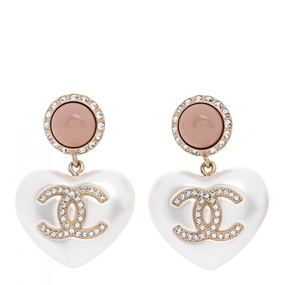 Chanel Pearl Resin Crystal CC Heart Drop Earrings Pink Gold 1 of 4