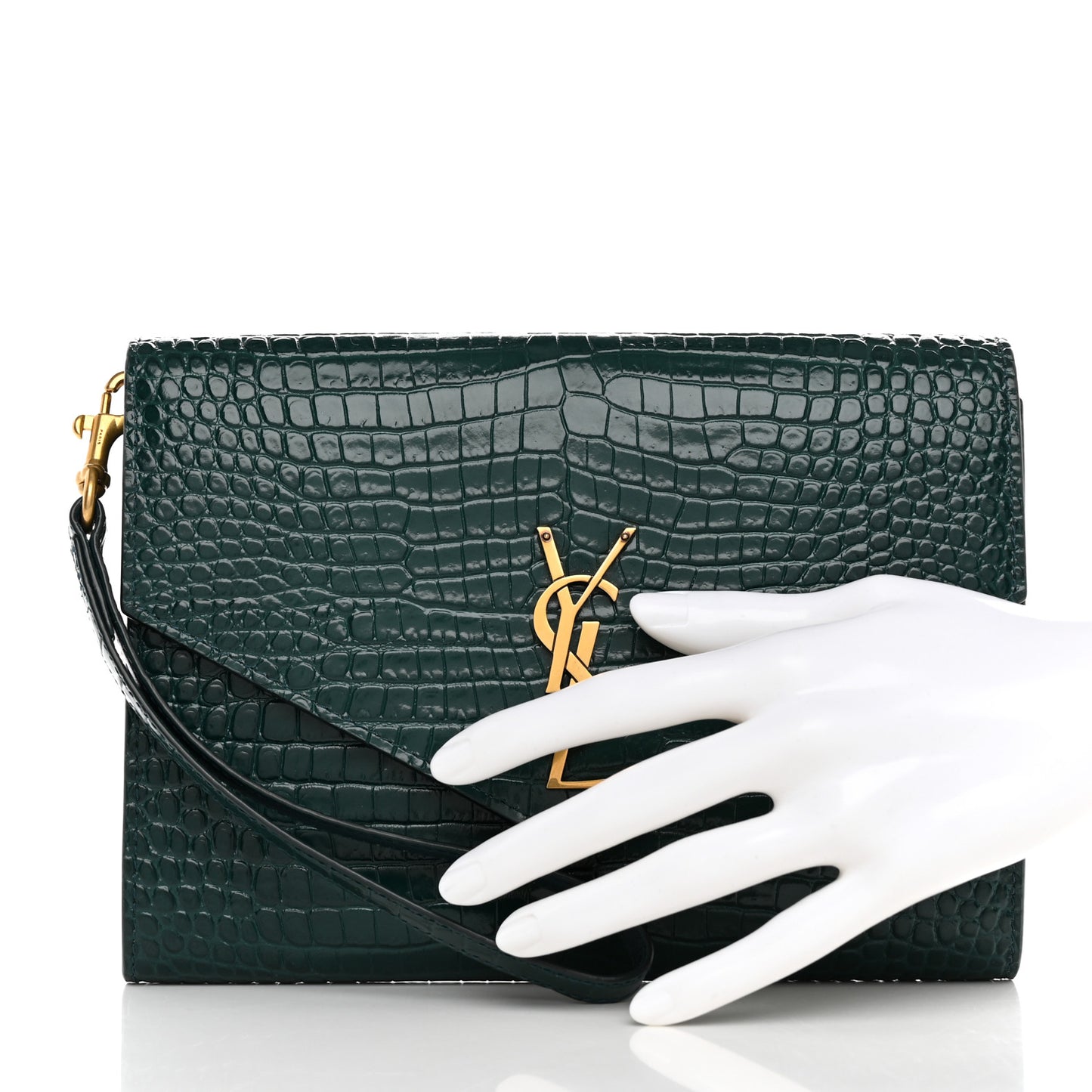 Calfskin Crocodile Embossed Monogram Cassandre Flap Pouch Foliage Green