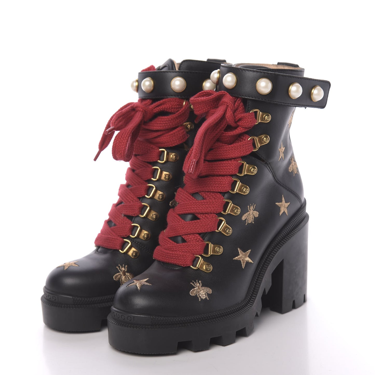 Calfskin Embroidered Lace Up Combat Ankle Boots 36 Black