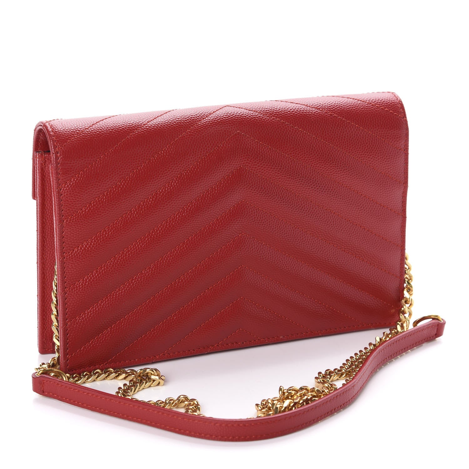 Saint Laurent Grain De Poudre Matelasse Chevron Monogram Envelope Chain Wallet New Red 3 of 11