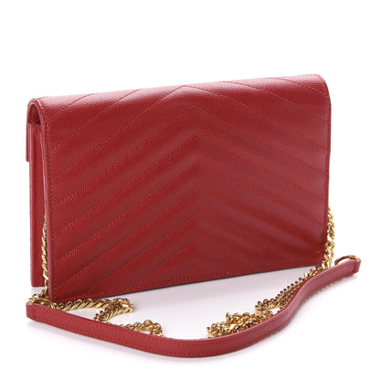 Saint Laurent Grain De Poudre Matelasse Chevron Monogram Envelope Chain Wallet New Red 3 of 11