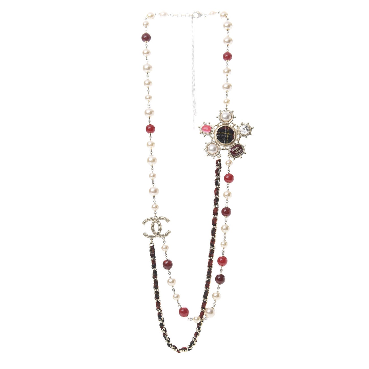 Gripoix Crystal Pearl Tweed Medallion Necklace Red Gold