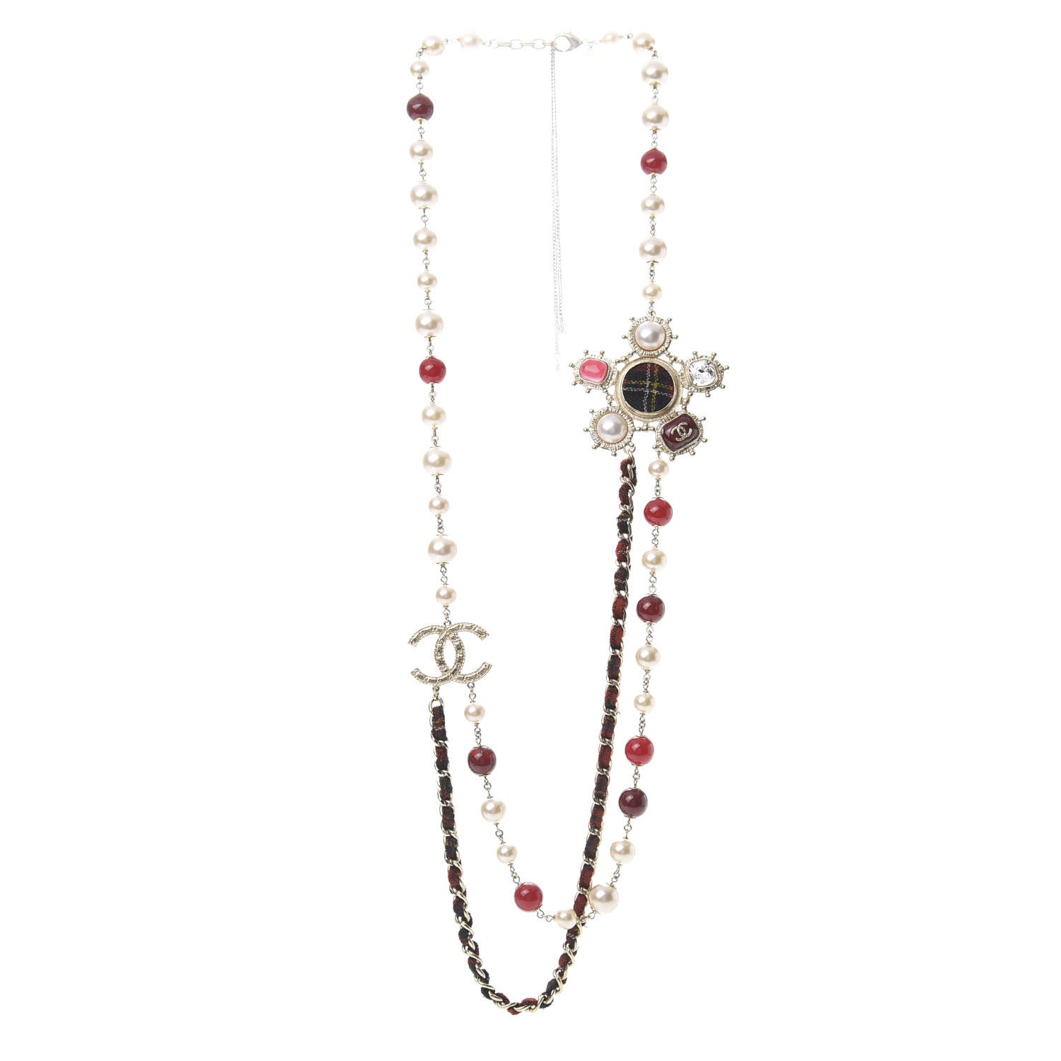 Chanel Gripoix Crystal Pearl Tweed Medallion Necklace Red Gold 3 of 4