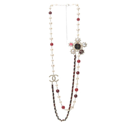 Chanel Gripoix Crystal Pearl Tweed Medallion Necklace Red Gold 3 of 4