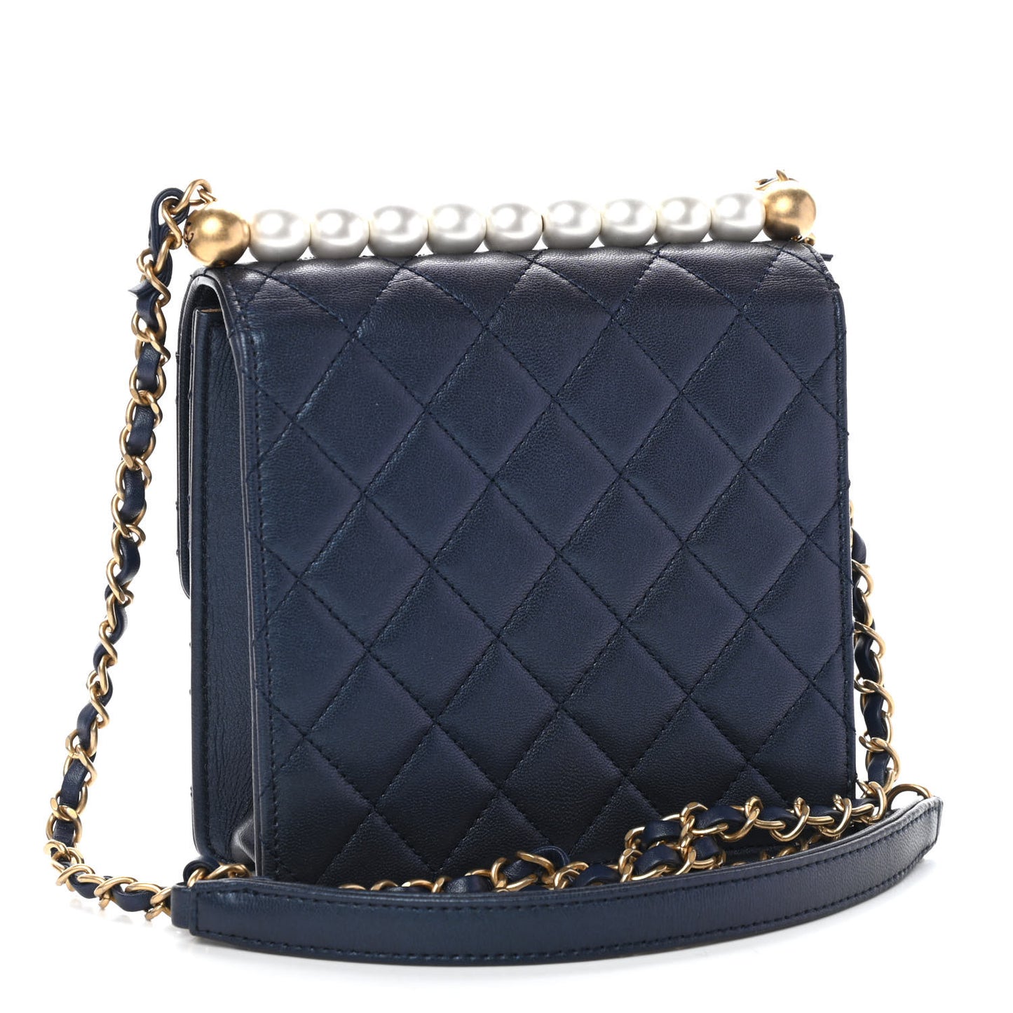 Iridescent Lambskin Quilted Chic Pearls Flap Navy Blue