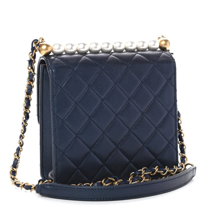 Chanel Iridescent Lambskin Quilted Chic Pearls Flap Navy Blue 3 of 9