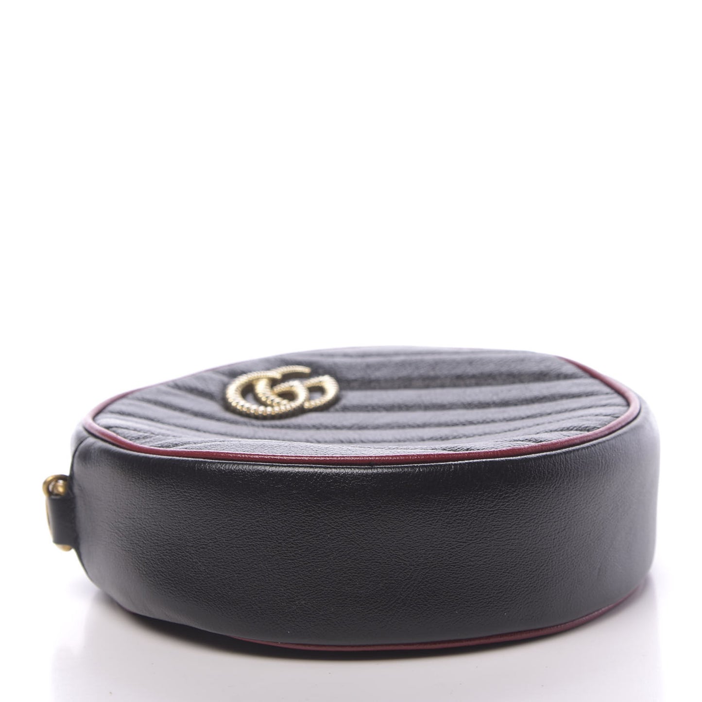 Vintage Effect Calfskin Matelasse Diagonal Mini Torchon GG Marmont Round Shoulder Bag Black Romantic Cherry