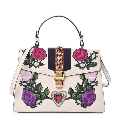 Gucci Calfskin Embroidered Medium Sylvie Top Handle Bag White 1 of 11