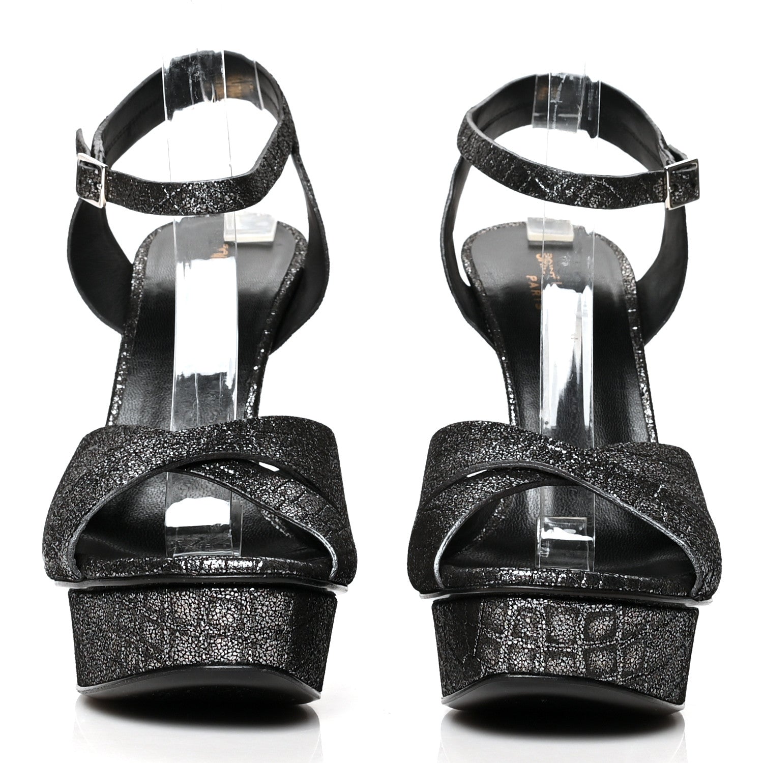 Saint Laurent Metallic Calfskin Crocodile Embossed Tribute 105 Platform Sandals 41 Anthracite 2 of 8