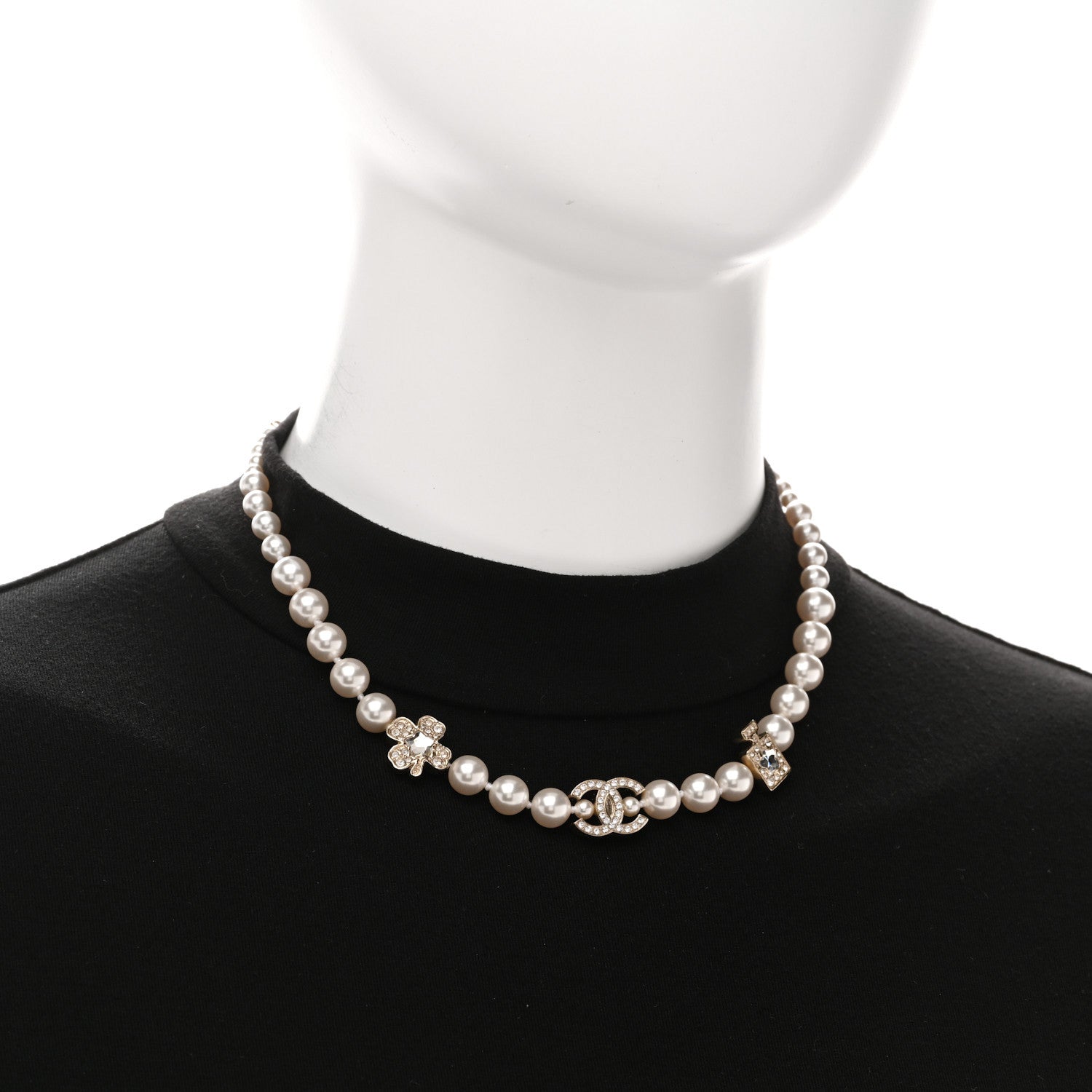 Chanel Pearl Crystal CC Short Charm Necklace Gold 2 of 6