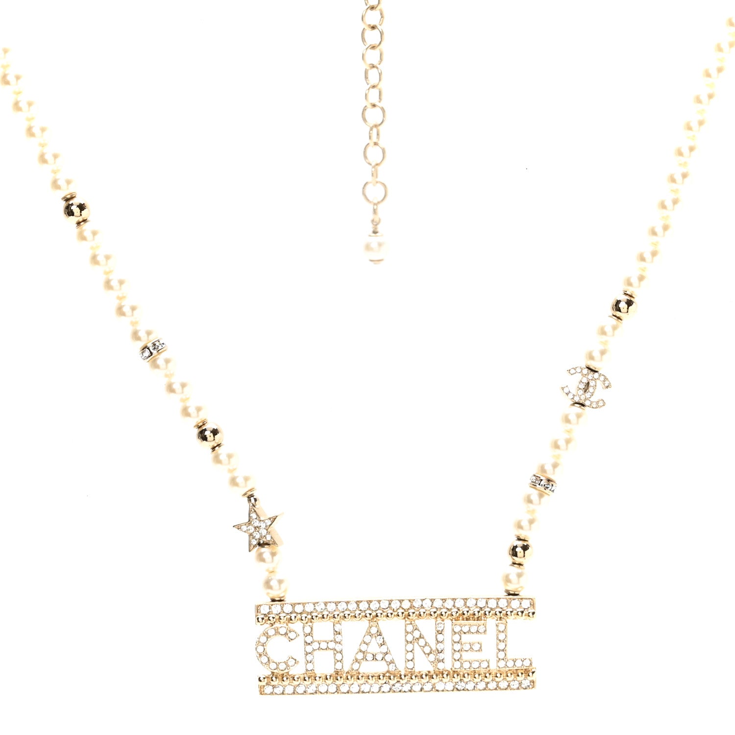 Chanel Crystal Pearl Star Logo Necklace Gold 3 of 5