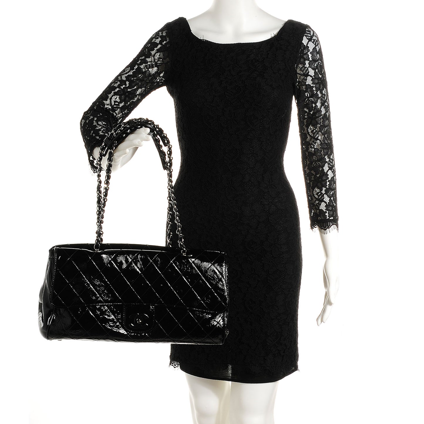Patent Quilted Ritz Flap Bag Black