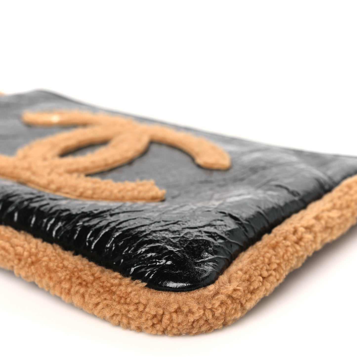 Shiny Crumpled Sheepskin Shearling CC Mania Zip Pouch Black Beige
