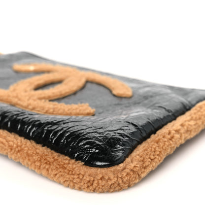 Chanel Shiny Crumpled Sheepskin Shearling CC Mania Zip Pouch Black Beige 9 of 9