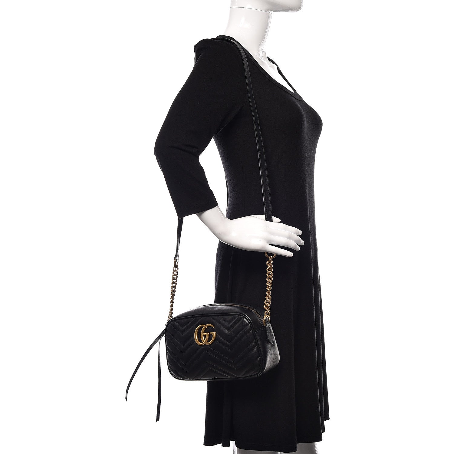 Gucci Calfskin Matelasse Small GG Marmont Chain Shoulder Bag Black 2 of 14