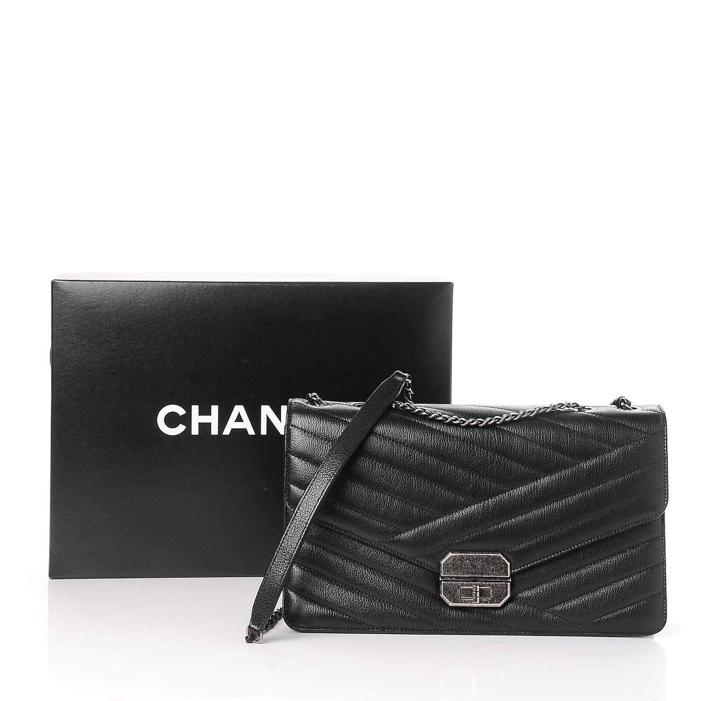Shiny Goatskin Chevron Quilted Gabrielle Flap Black