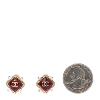 Chanel Resin Pearl Square CC Earrings Burgundy Gold 2 of 4