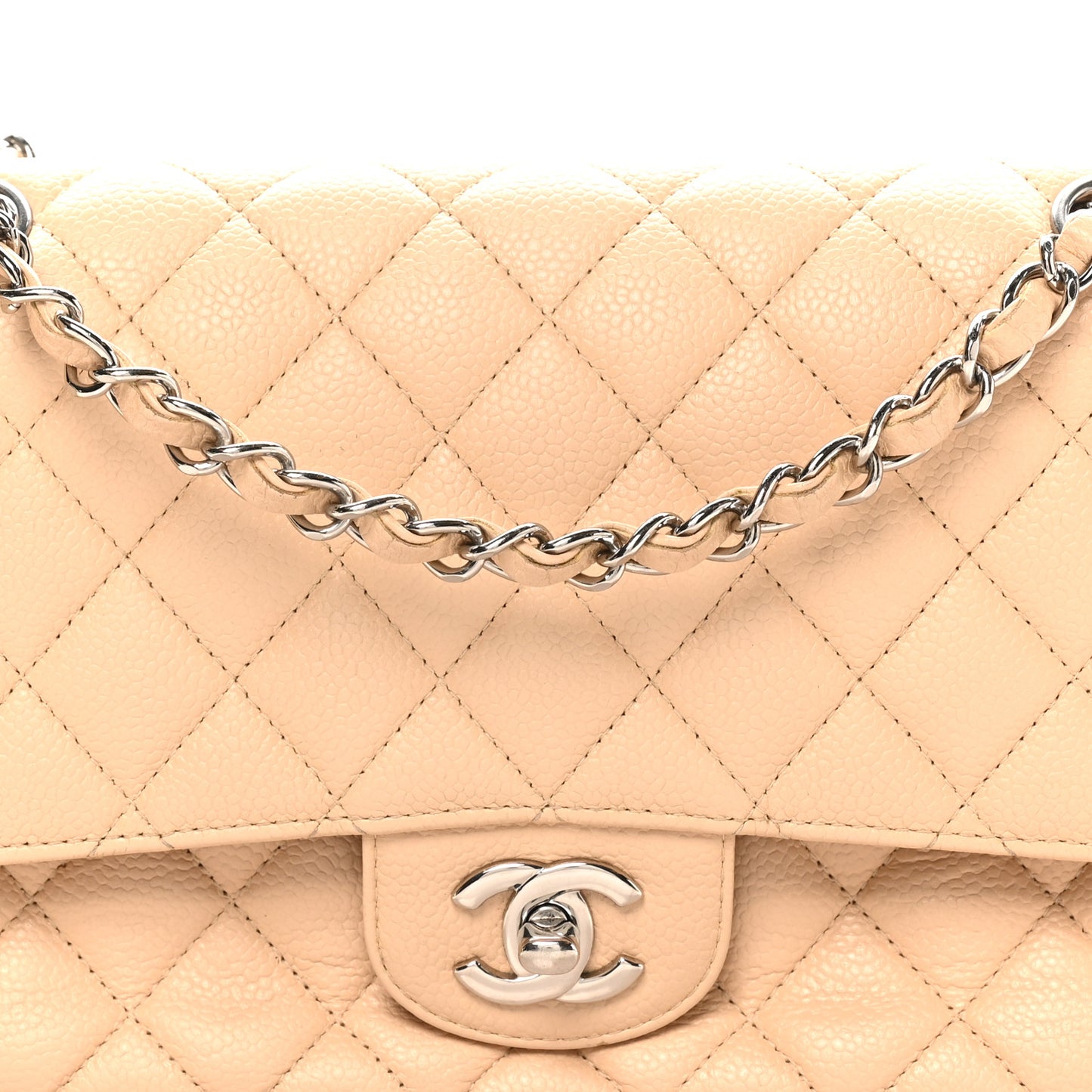 Caviar Quilted Medium Double Flap Beige