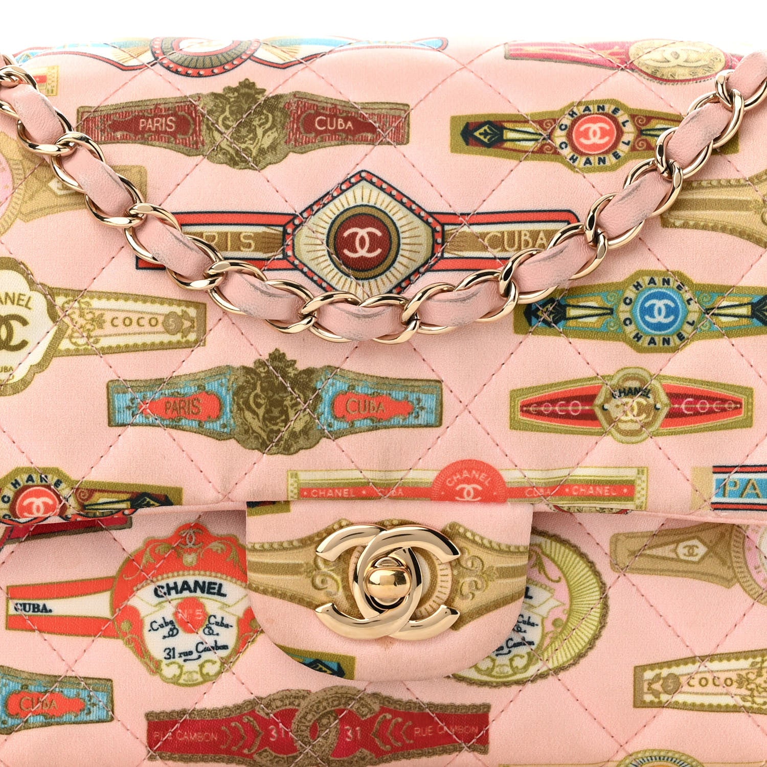 Chanel Satin Paris Cuba Cigare Print Medium Double Flap Pink 2 of 11