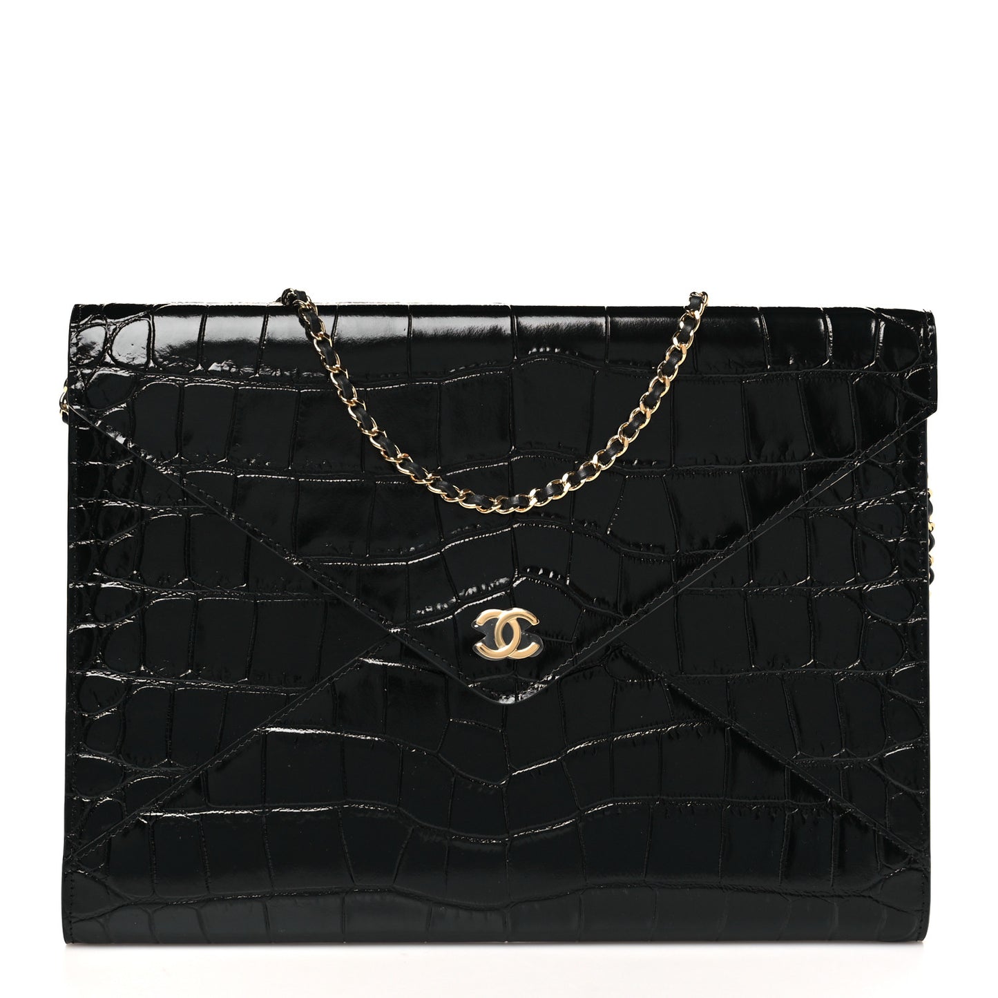 Calfskin Crocodile Embossed Croc Illusion Clutch With Chain  Black