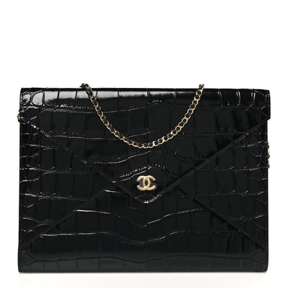 Chanel Calfskin Crocodile Embossed Croc Illusion Clutch With Chain  Black 1 of 10