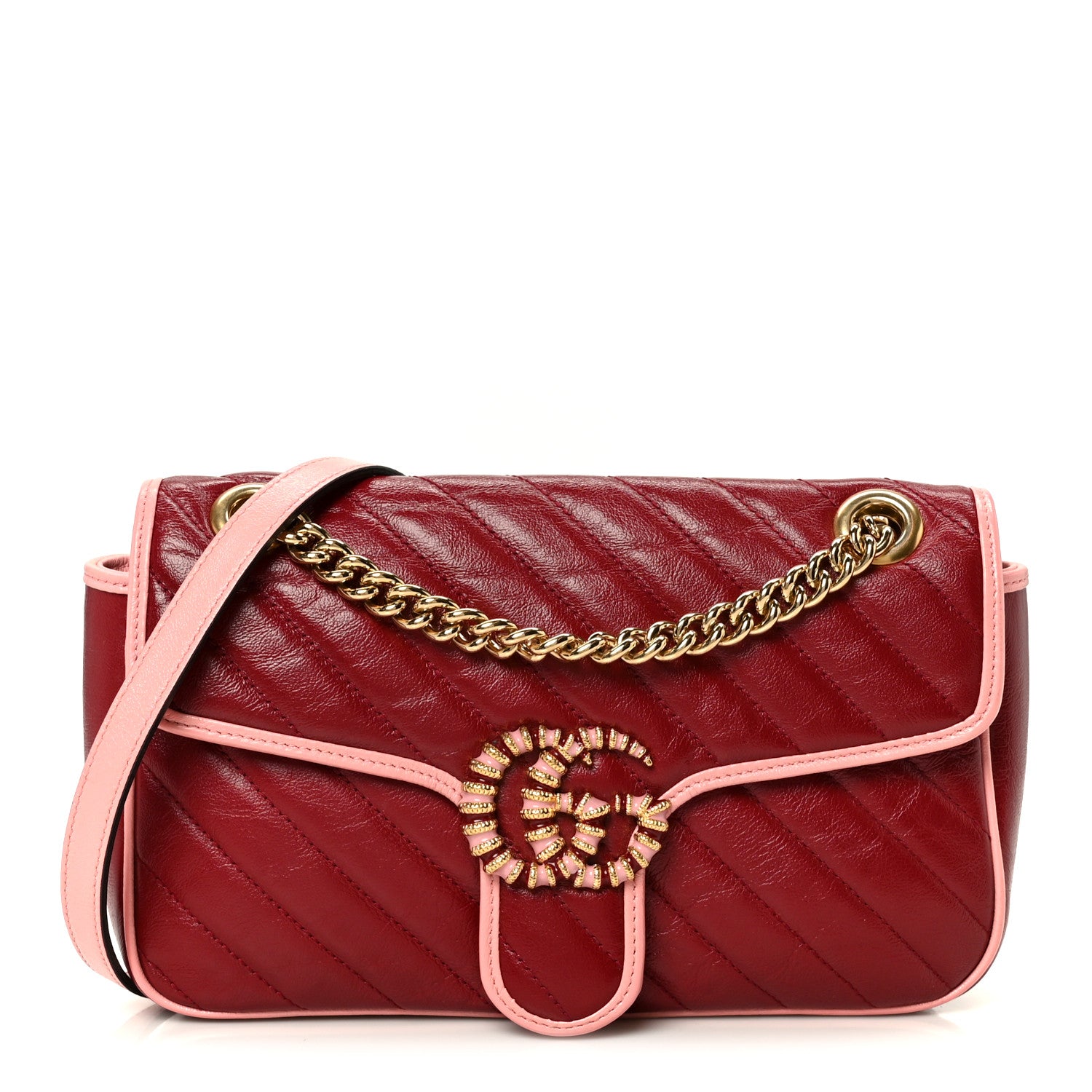 Gucci Azalea Calfskin Enamel Matelasse Diagonal Small Torchon GG Marmont Shoulder Bag New Cherry Red Wild Rose 1 of 11