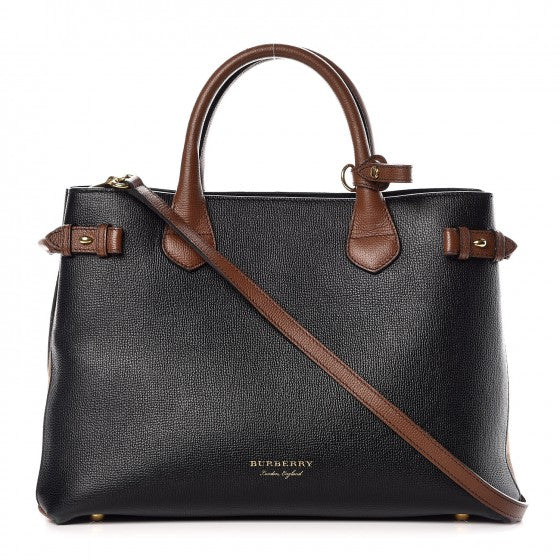 Grainy Calfskin House Check Two Tone Medium Banner Tote Black Brown