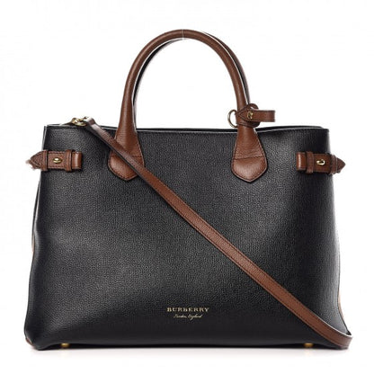 Burberry Grainy Calfskin House Check Two Tone Medium Banner Tote Black Brown 1 of 18