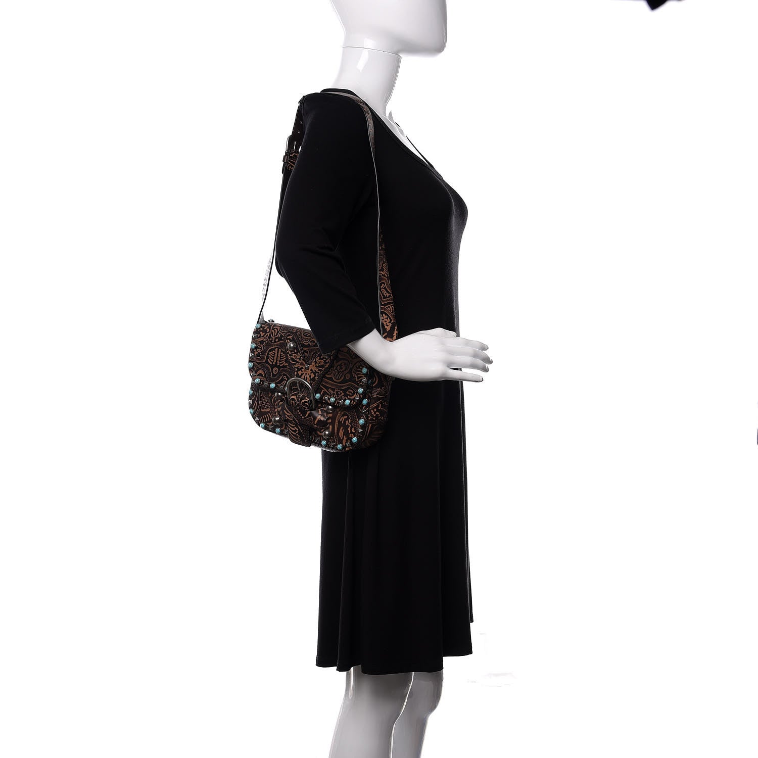 Valentino Garavani Calfskin Santeria Embossed Medium Rockstud Rolling Flap Saddle Bag Brown 2 of 9
