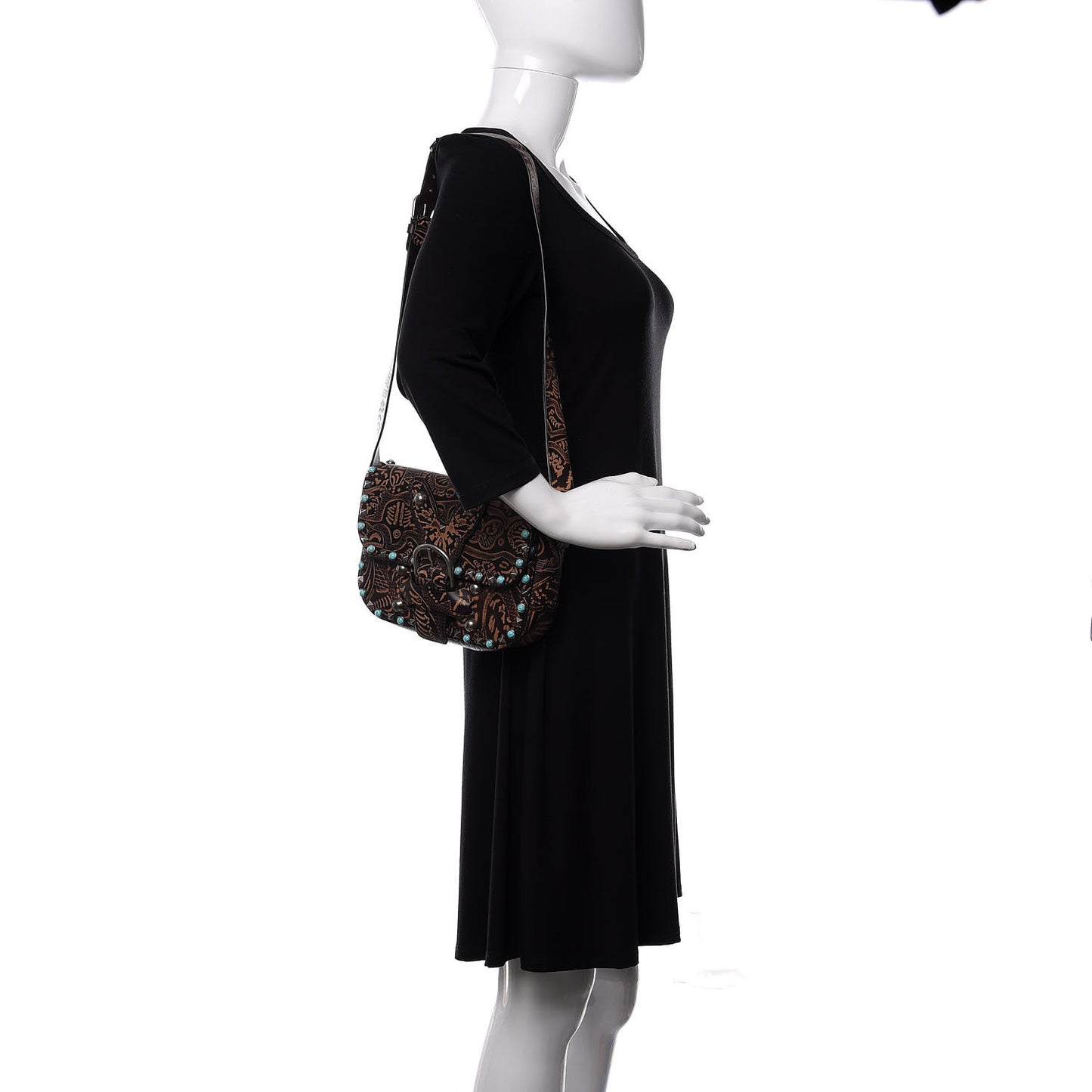 Calfskin Santeria Embossed Medium Rockstud Rolling Flap Saddle Bag Brown