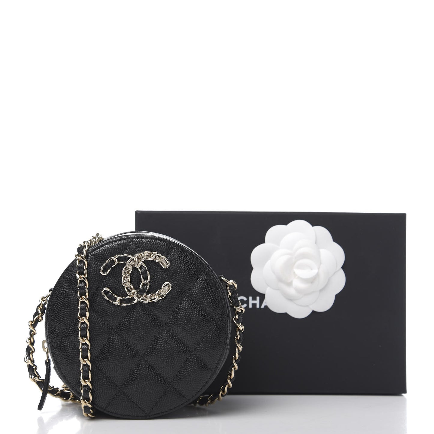 Caviar Quilted French New Wave Round Clutch With Chain Black