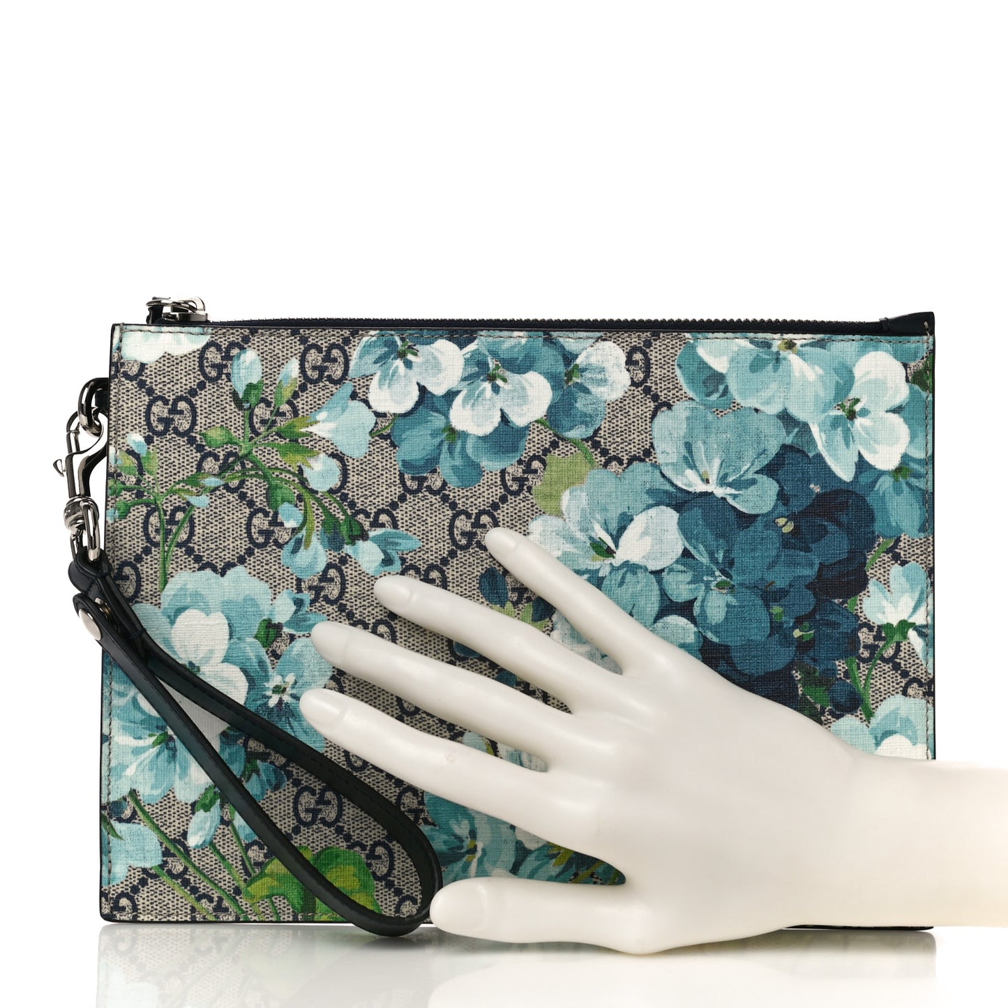 GG Supreme Monogram Blooms Small Zip Wristlet Pouch Beige Blue Black