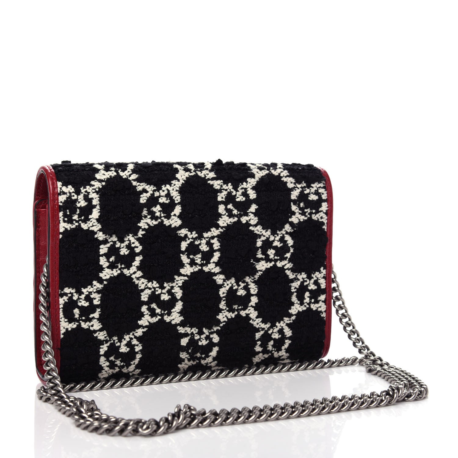Gucci Tweed GG Monogram Mini Dionysus Chain Wallet Black White Romantic Cherry 3 of 10
