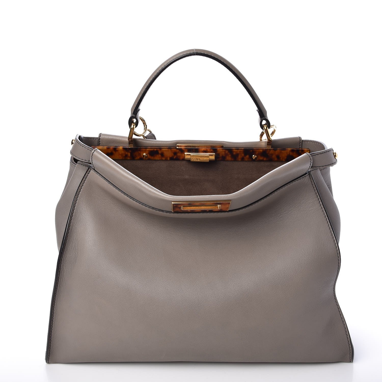 Fendi Vitello Seta Suede Plexiglass Tortoise Large Peekaboo Iconic Satchel Asfalto Marrone 4 of 15