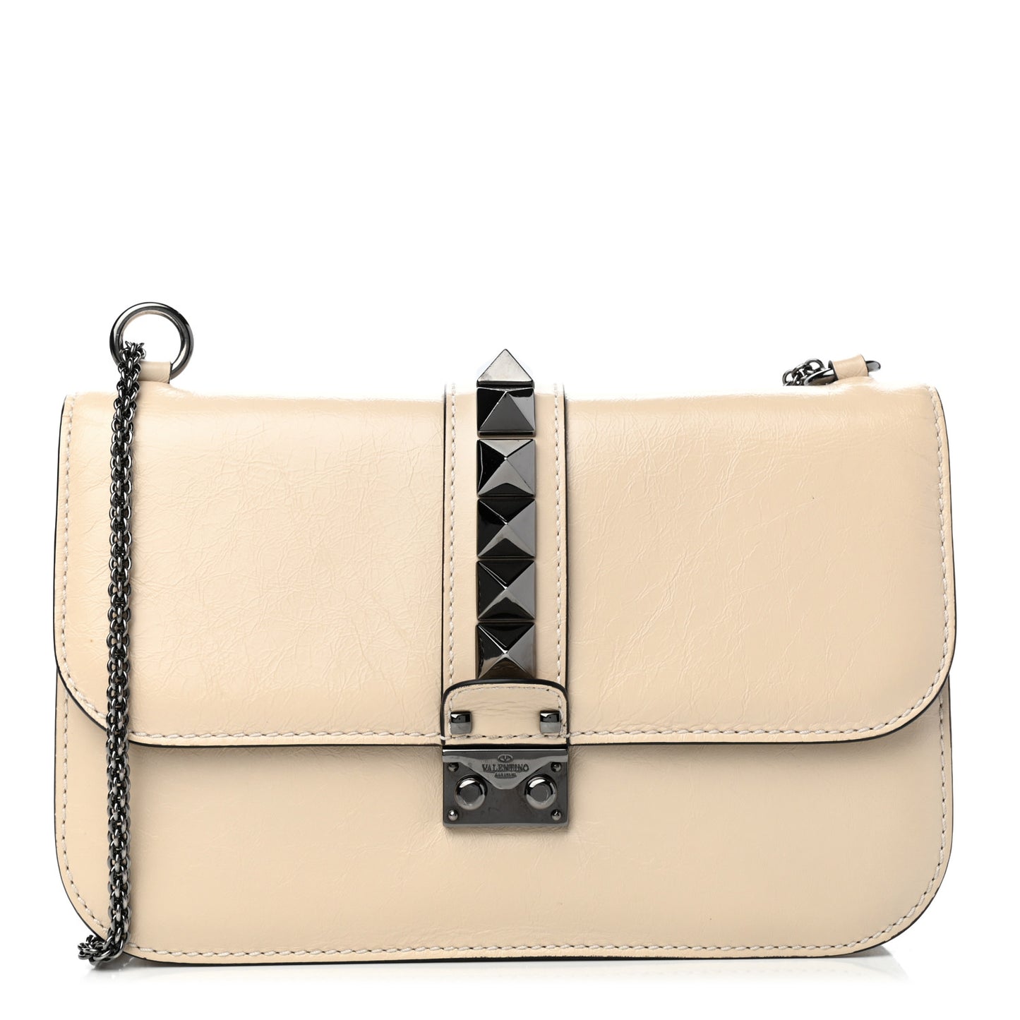 Craquele Calfskin Medium Glam Lock Rockstud Flap Light Ivory