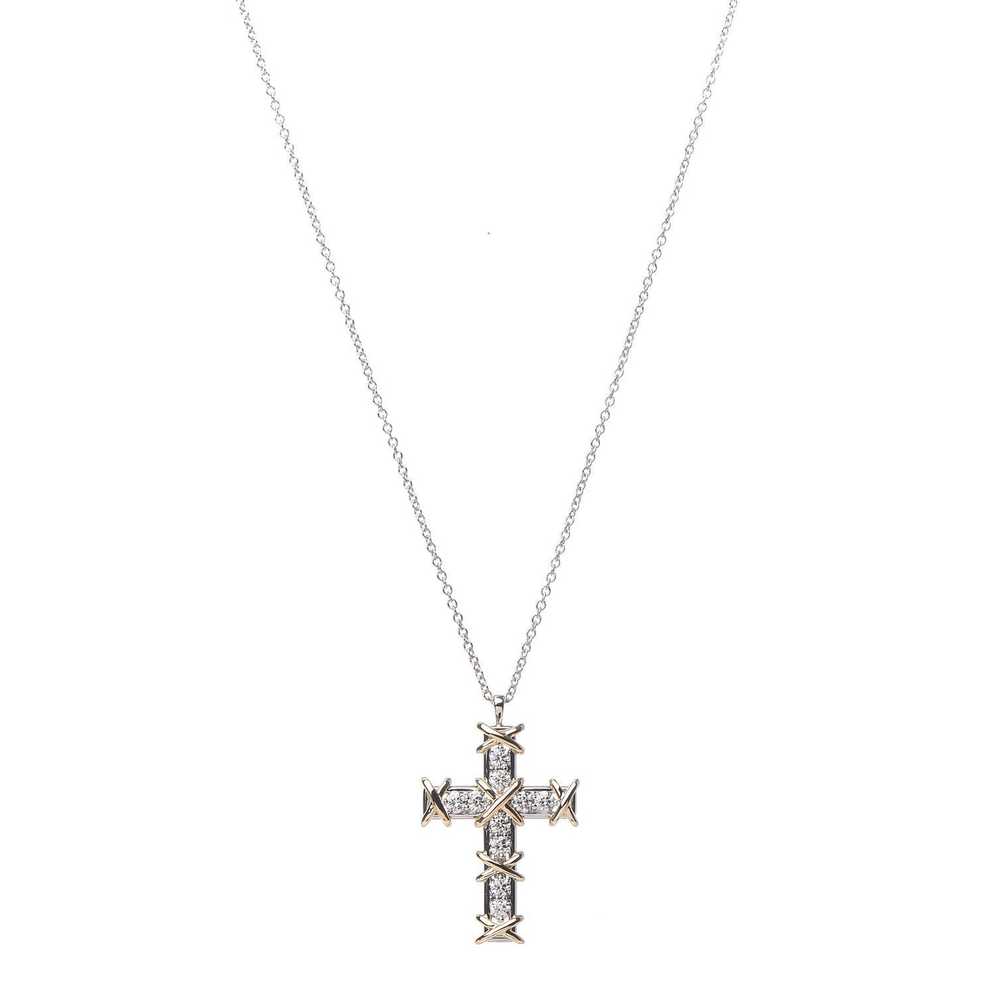 Platinum 18K Yellow Gold Diamond Schlumberger Cross Pendant Necklace