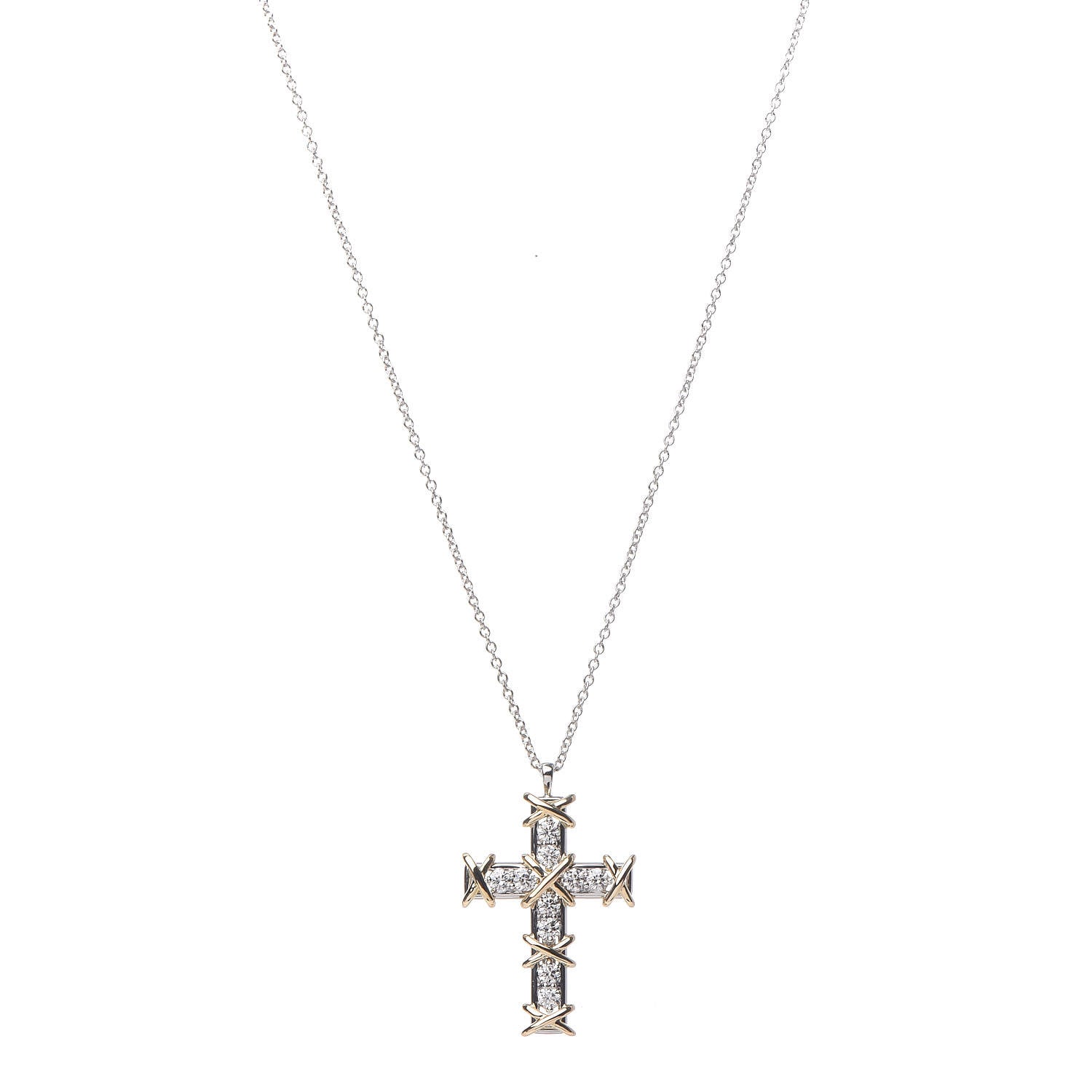 Tiffany Platinum 18K Yellow Gold Diamond Schlumberger Cross Pendant Necklace 1 of 8