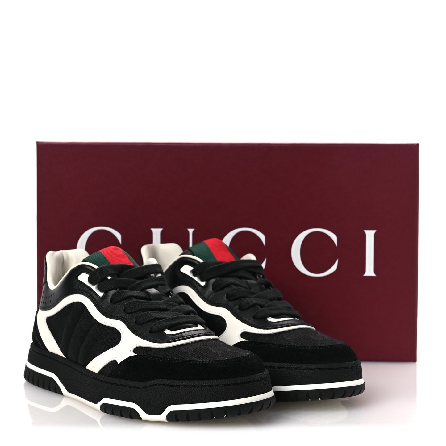 Calfskin Suede GG Monogram Re-Web Womens Sneakers 38 White Black