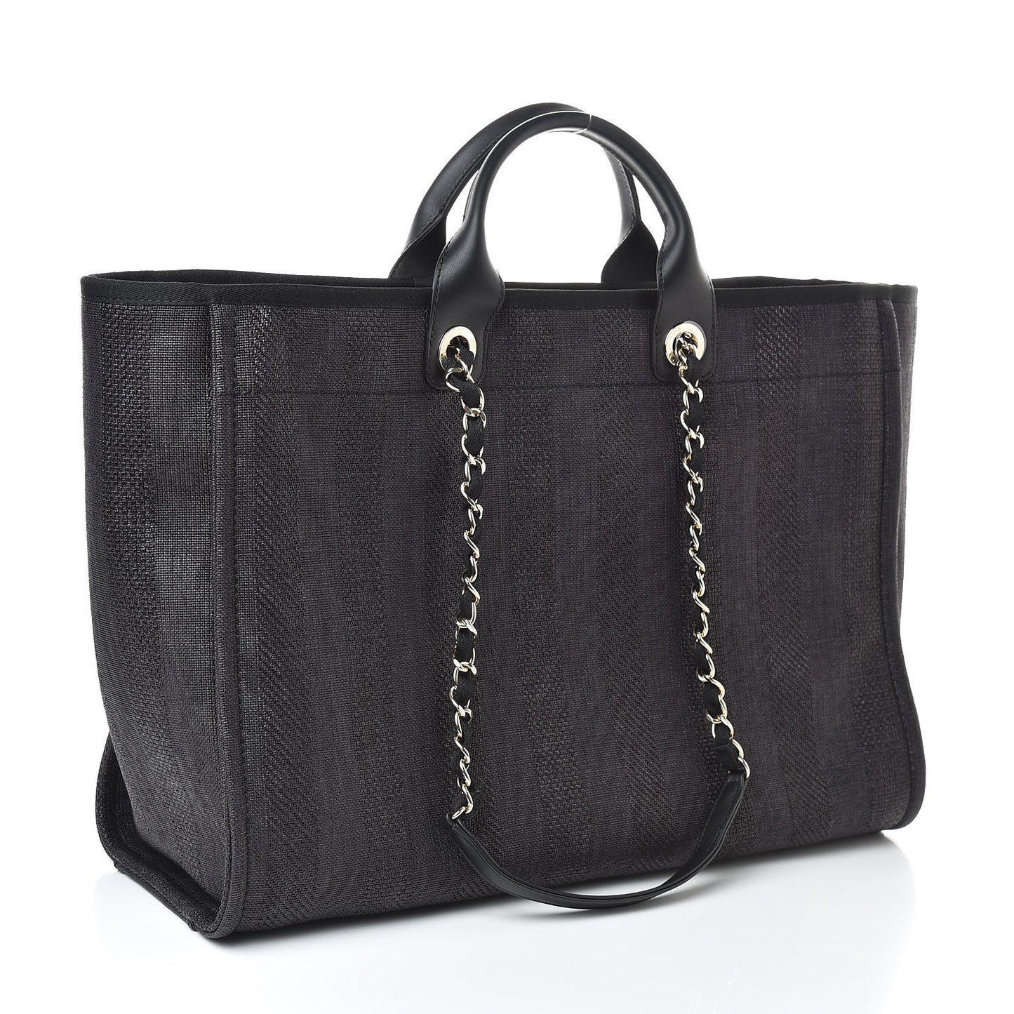Straw Raffia Calfskin Striped Large Deauville Tote Black