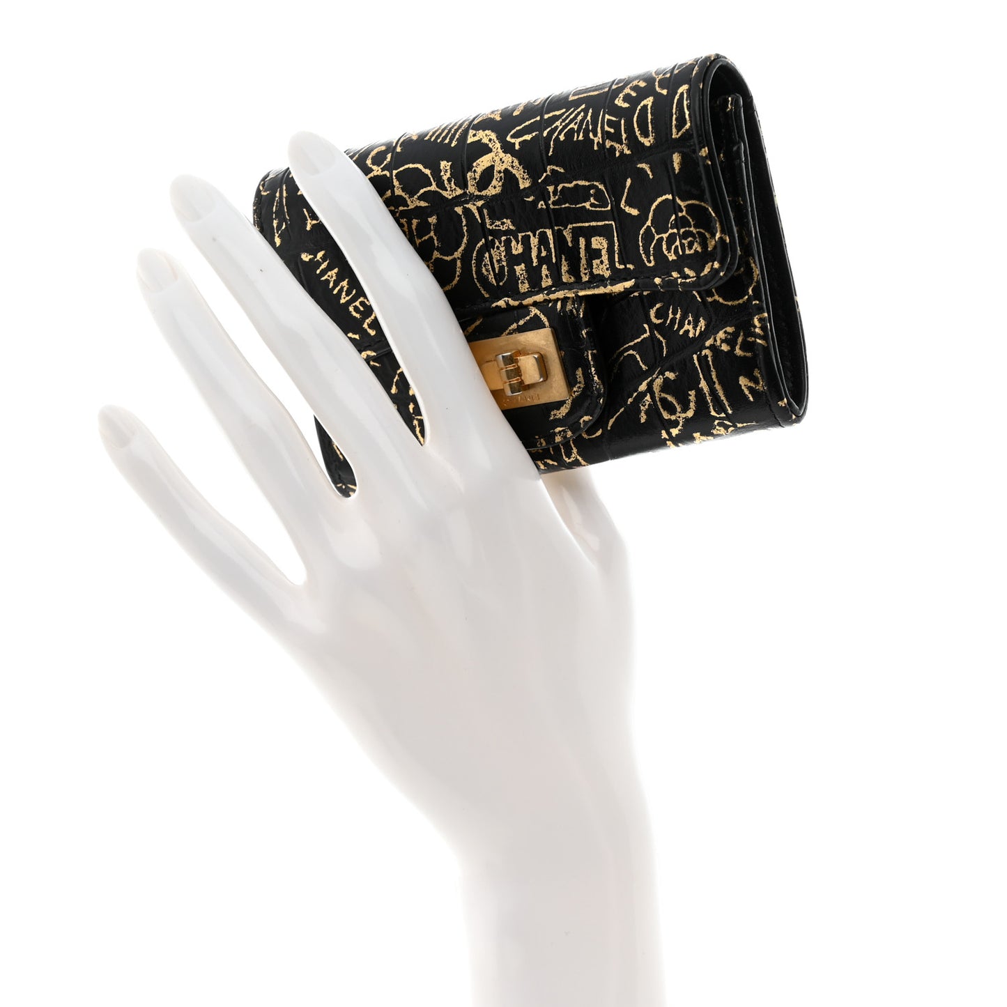 Calfskin Crocodile Embossed Graffiti 2.55 Crocodile Reissue Flap Card Holder Black Gold
